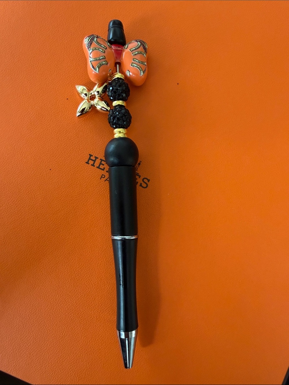 Handcrafted Orange Butterfly Beaded Ballpoint Pen
